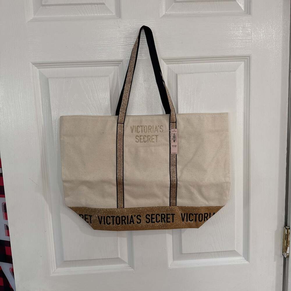 Victoria's Secret Gold Glitter Sparkle Logo Canvas Tote Bag